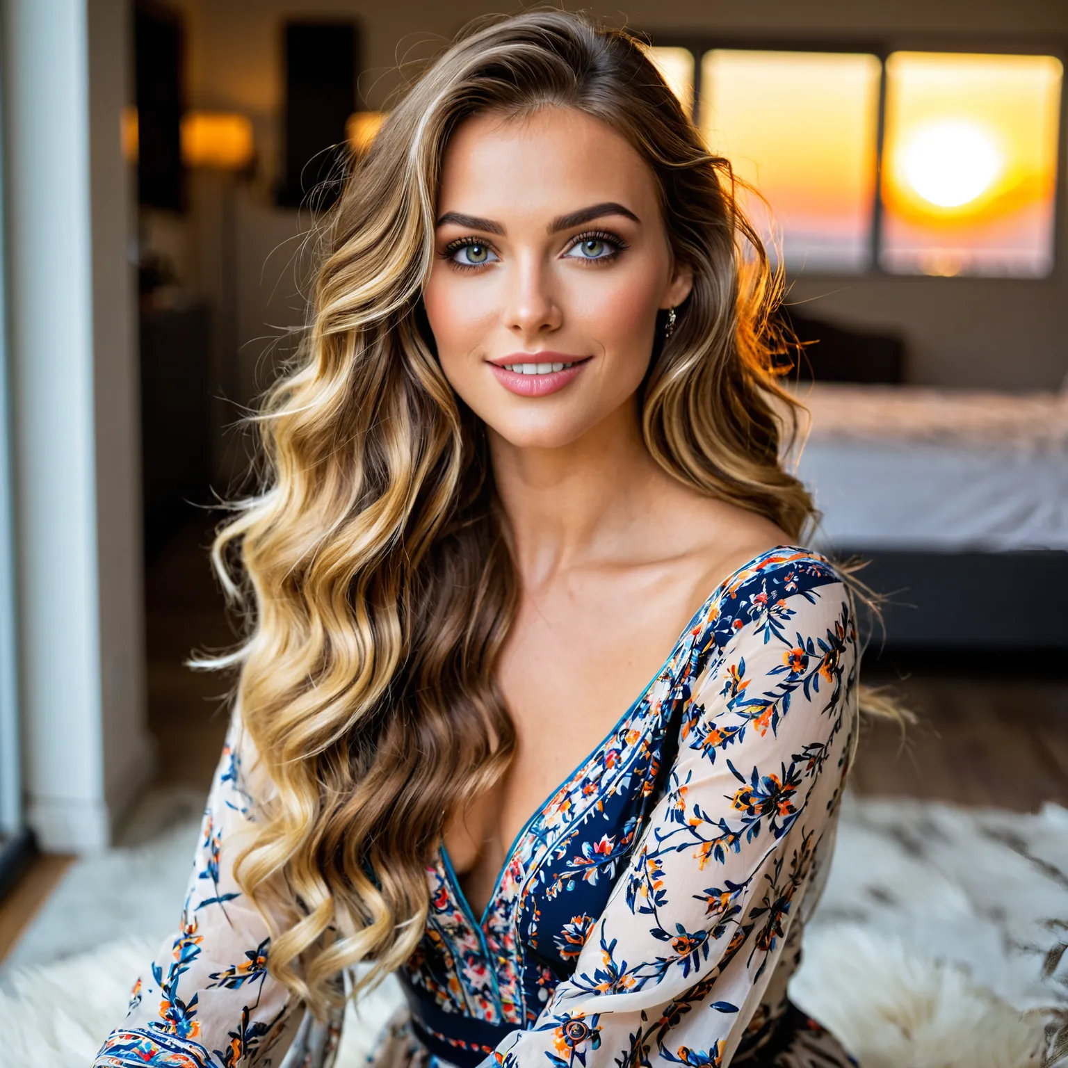 A full-body photo of a smiling European girl with long wavy blonde-highlighted hair and light brown eyes, sitting on her bedroom floor in a summer dress with warm sunset light streaming through the window