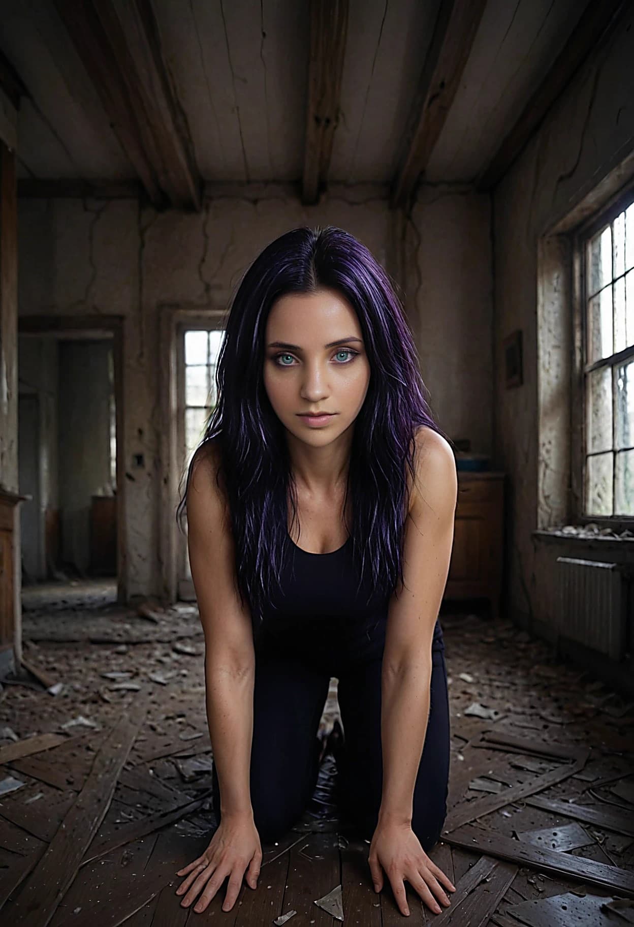 AI-generated dark-haired woman with green eyes in abandoned house with moody atmospheric lighting